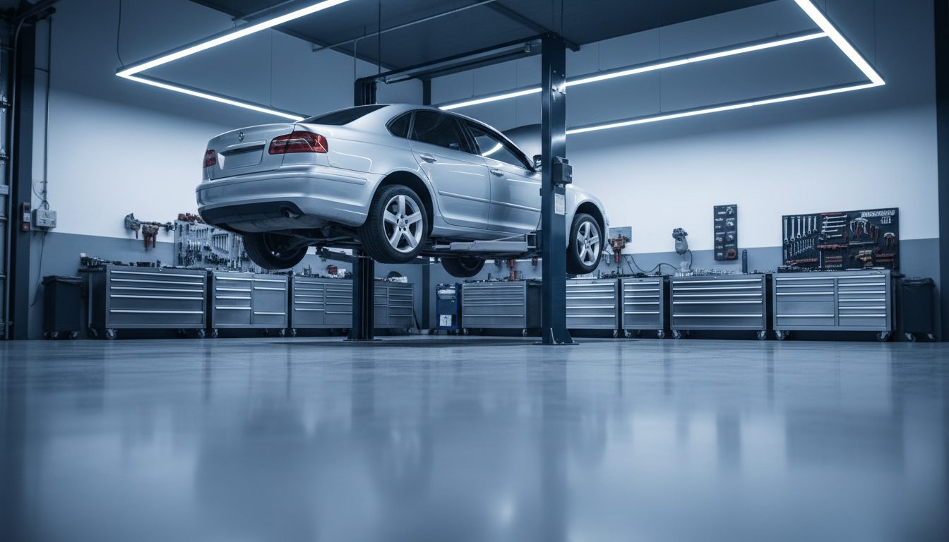 A silver sedan raised on a lift inside a clean, well-lit auto repair shop