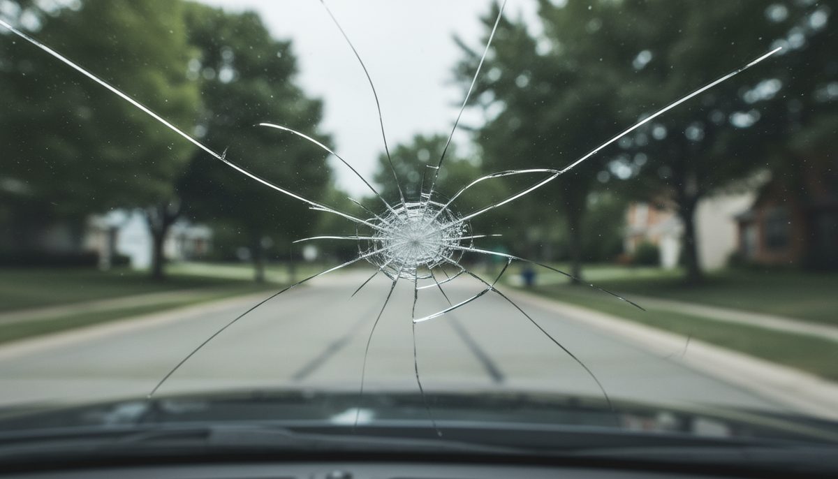 A star-shaped chip and crack spreading across a car windshield