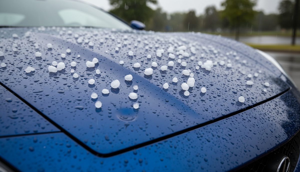 Hailstones resting on the wet hood of a dark blue car after a storm