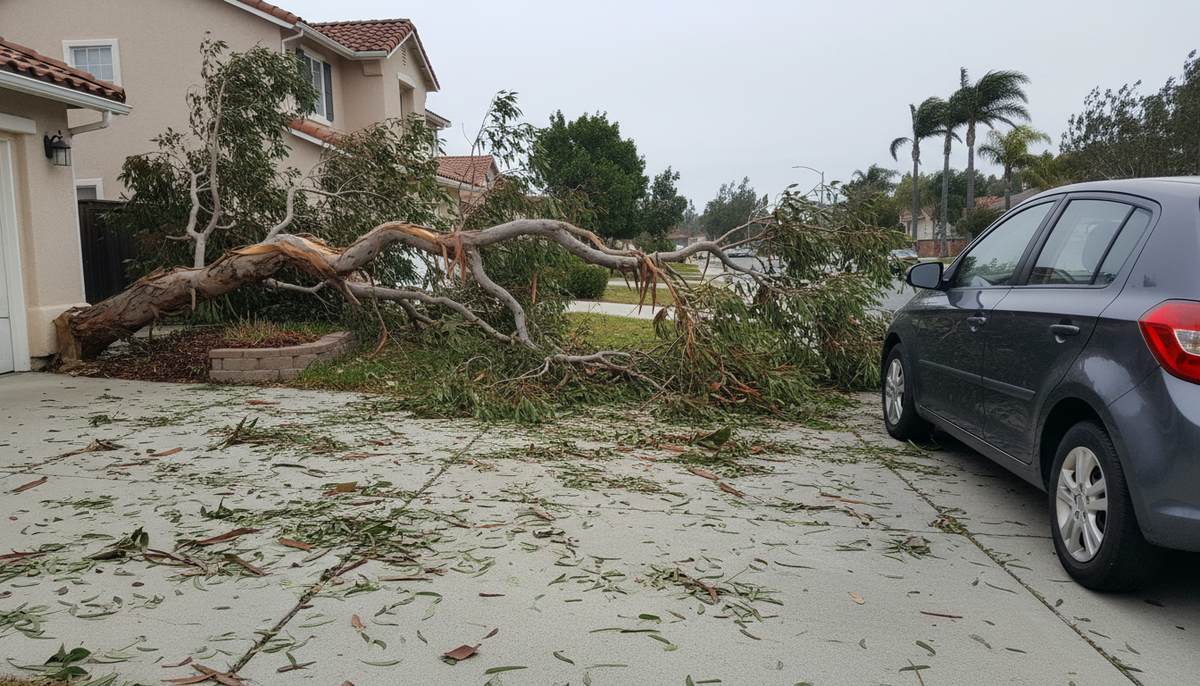 A large fallen eucalyptus branch lying across a driveway beside a parked hatchback after a windstorm