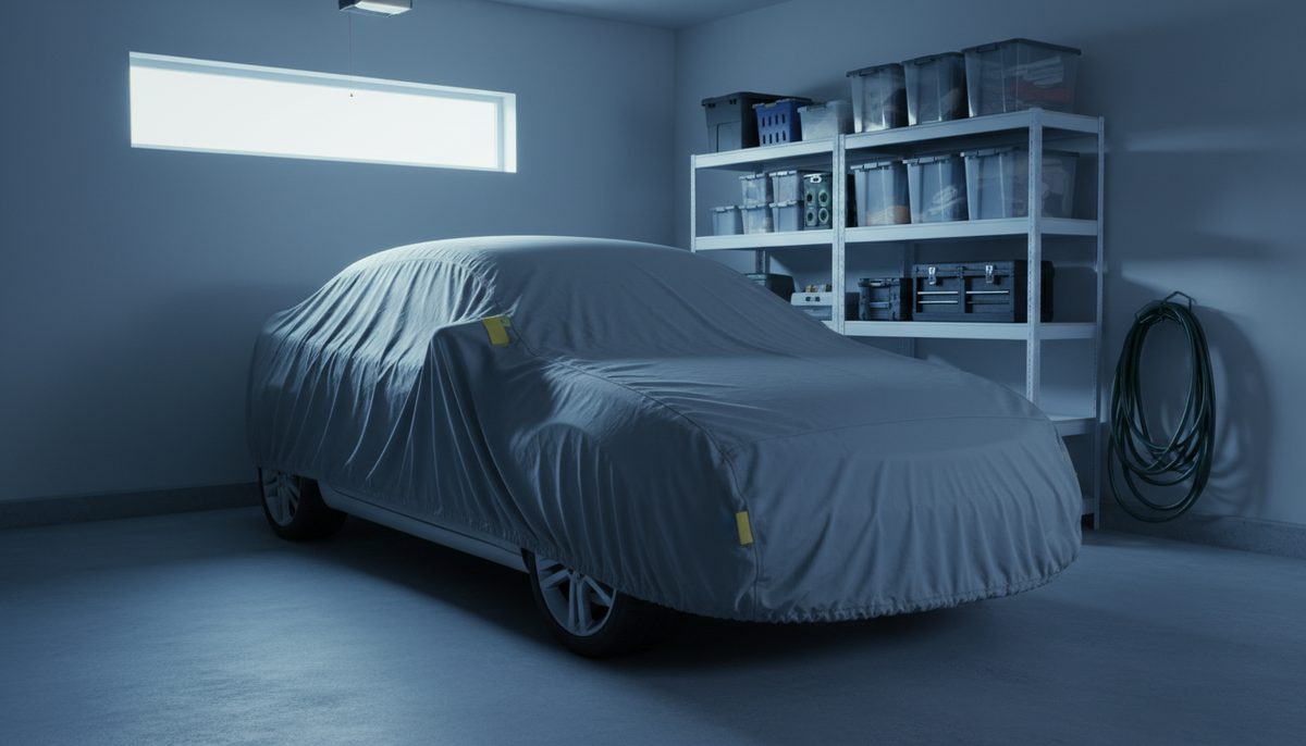 A car parked in a tidy home garage under a fitted fabric cover