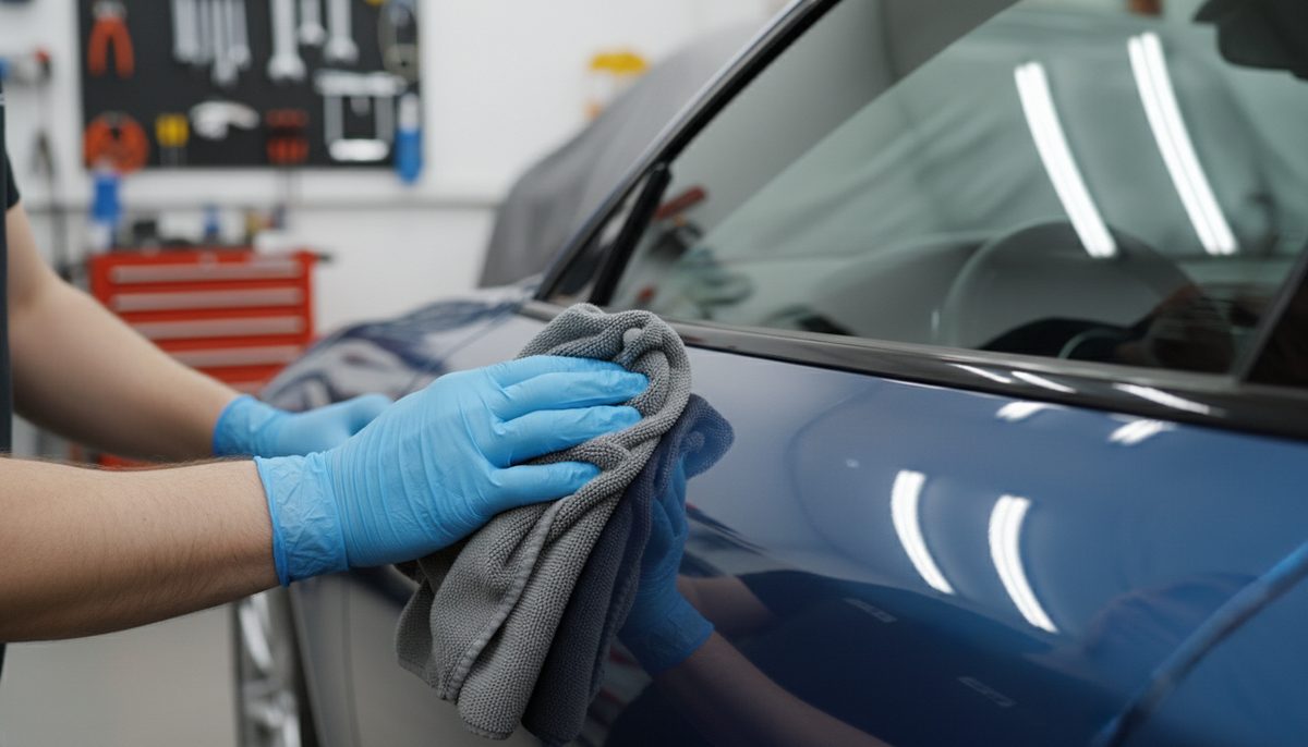 A technician's gloved hands polishing a freshly repaired dark car panel