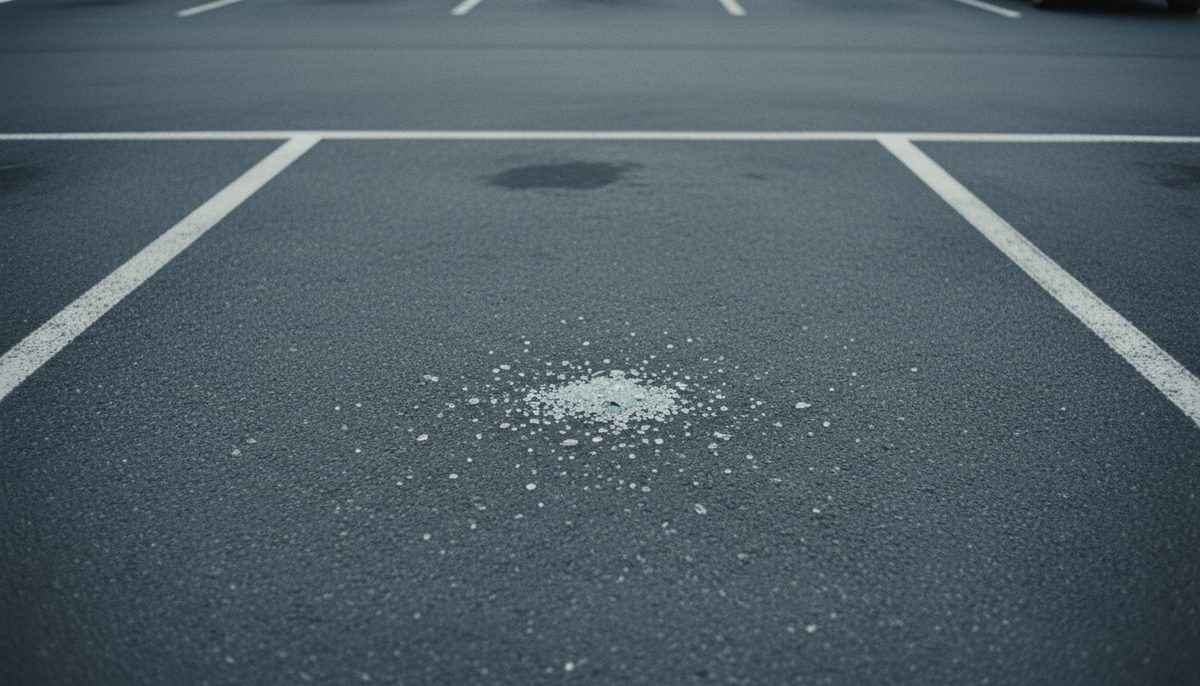 An empty parking space with fragments of tempered glass scattered on the asphalt