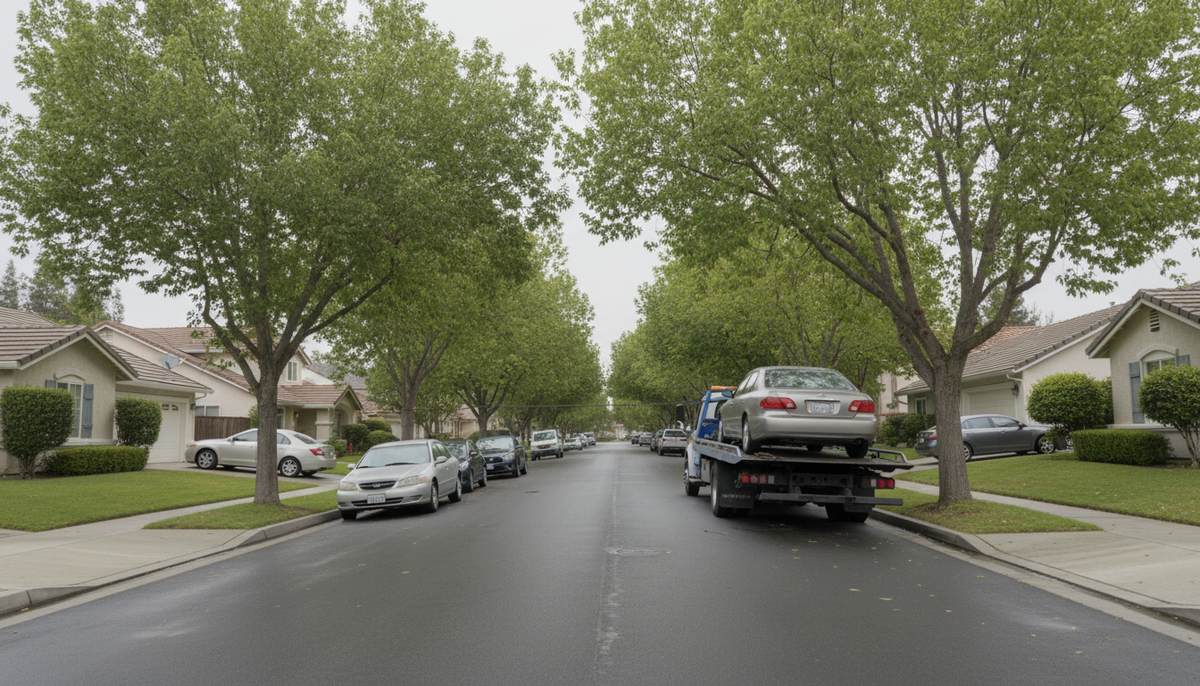 A flatbed tow truck winching an ordinary sedan onto its deck on a quiet residential street