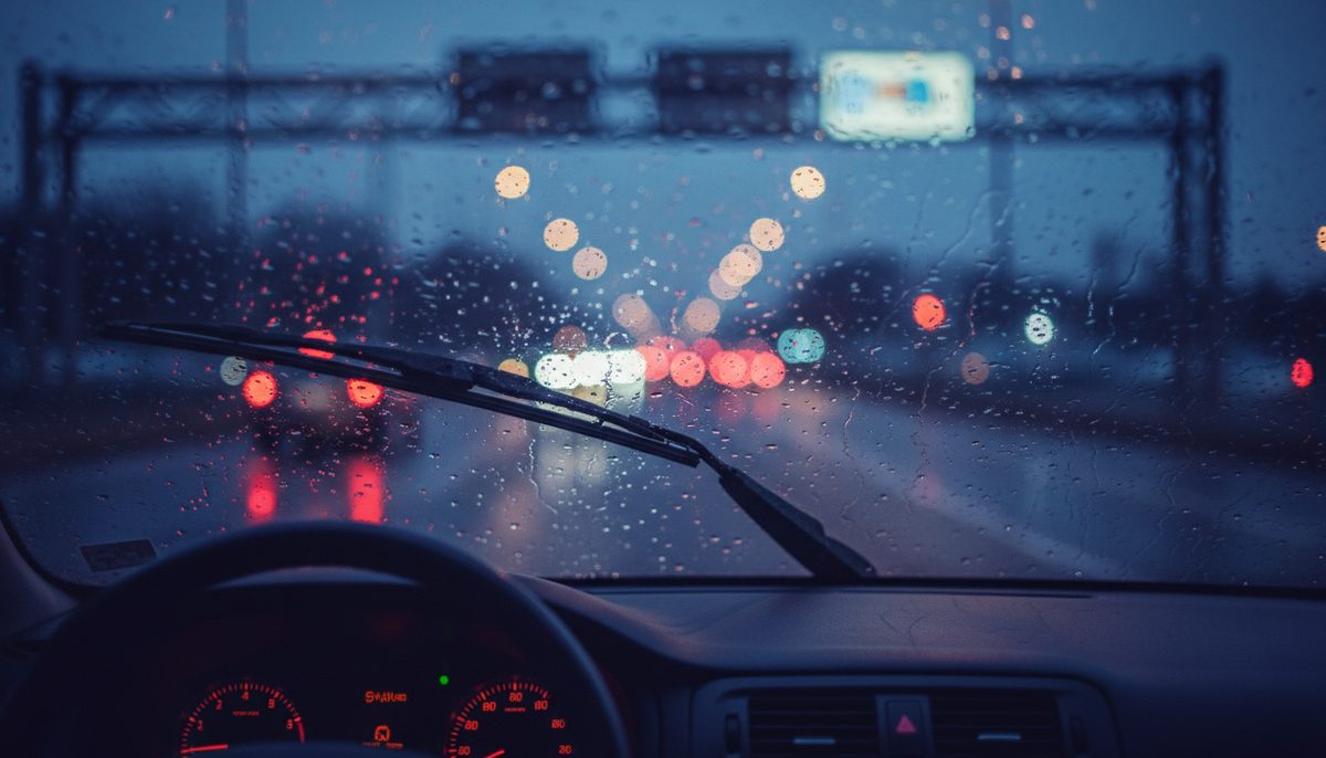 View through a rain-covered windshield at dusk with blurred tail lights ahead